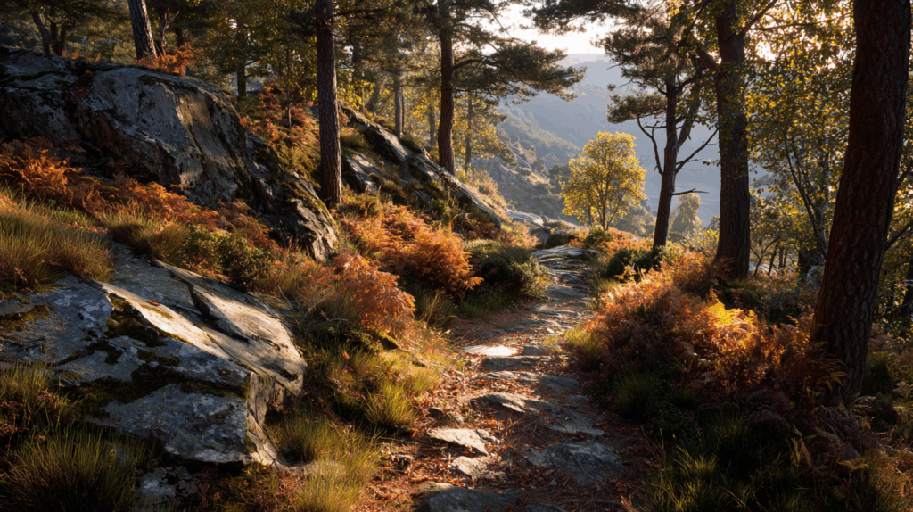 realistic picture of a hiking trail in autumn (golden hour)