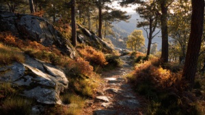 realistic picture of a hiking trail in autumn (golden hour)