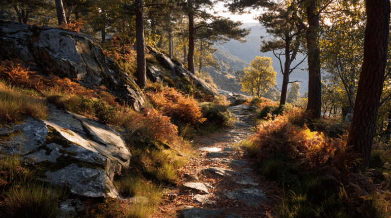 realistic picture of a hiking trail in autumn (golden hour)