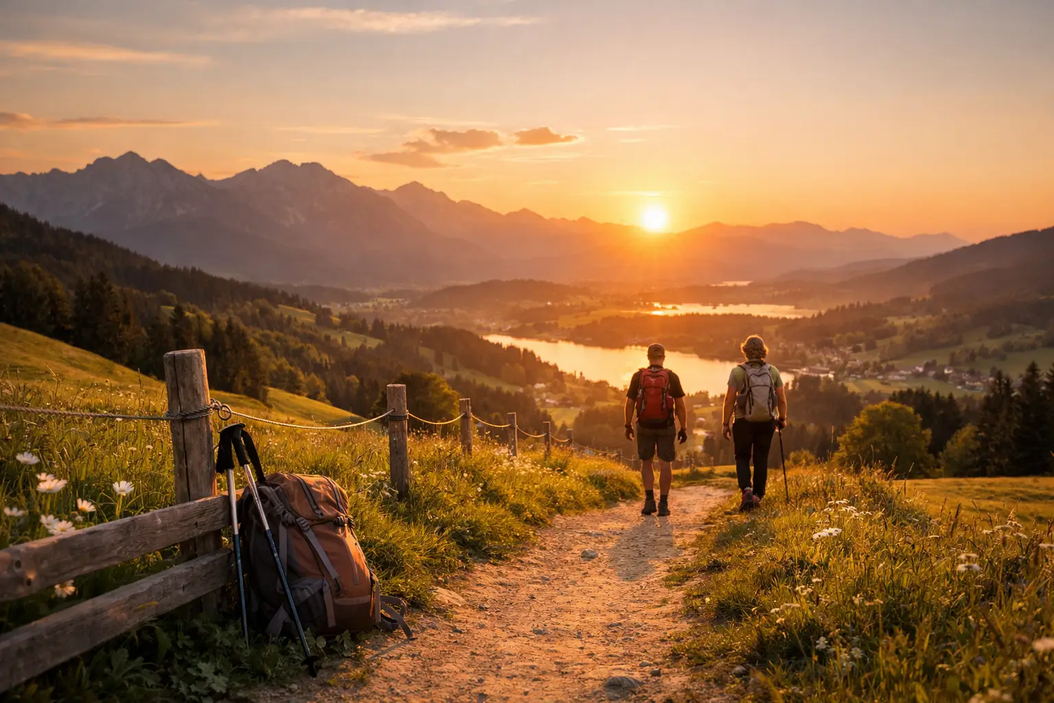 Wanderroute mit Sonnenuntergang in Bayern